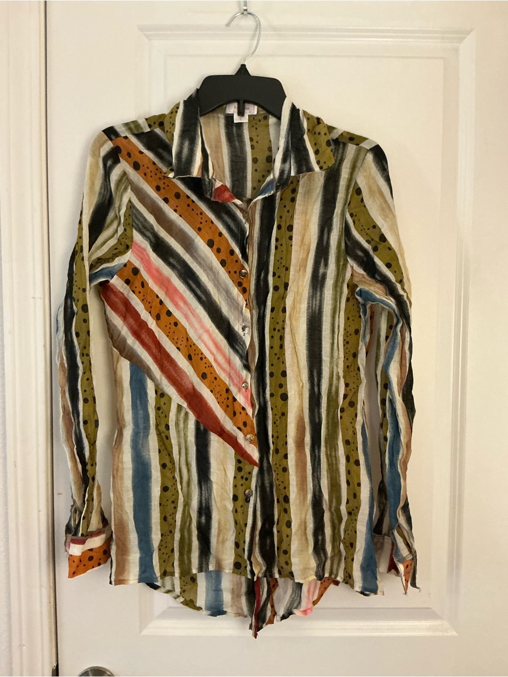 Kamana Abstract Mixed Stripe Button Down Shirt Artsy Polka Dot Blouse Womens L